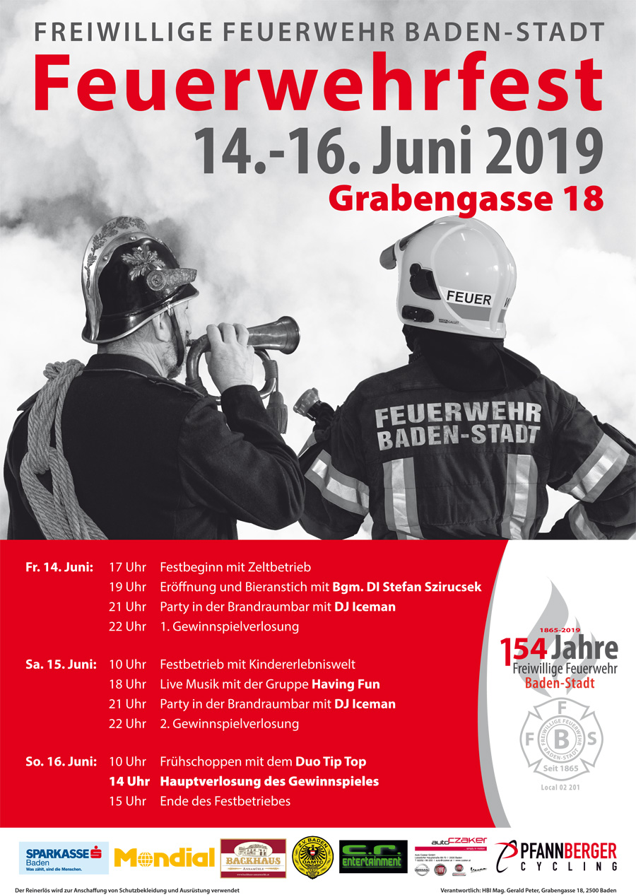 Feuerwehrfest 14. bis 16. Juni 2019 - Grabengasse 18, 2500 Baden - Freiw. Feuerwehr Baden-Stadt